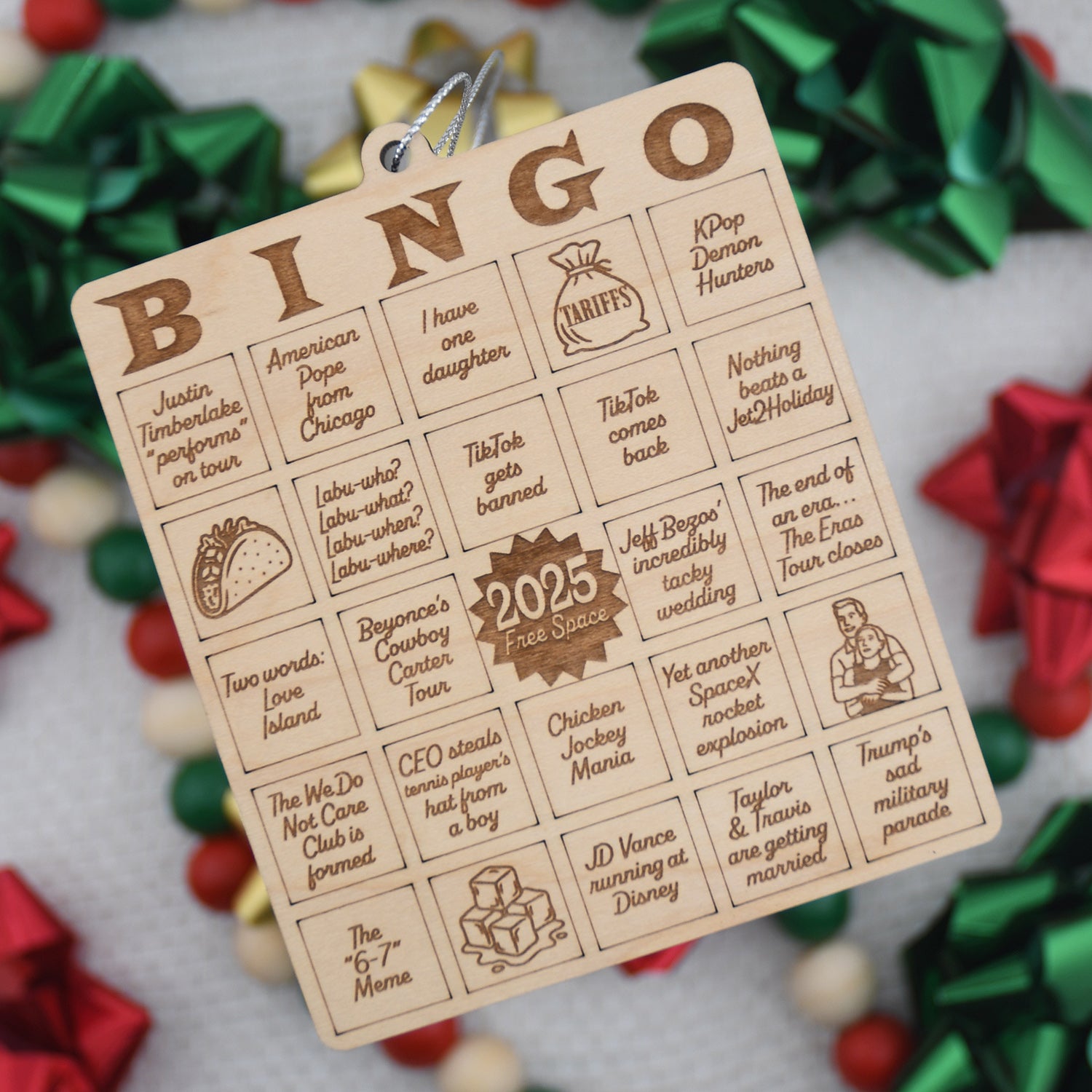 Bingo card with humorous text and year 2025 on a festive background