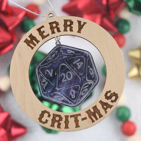 Merry Critmas Ornament over a blurred bow background