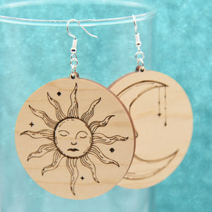 Sun & Moon Wood Earrings - Pew Pew Lasercraft, LLC