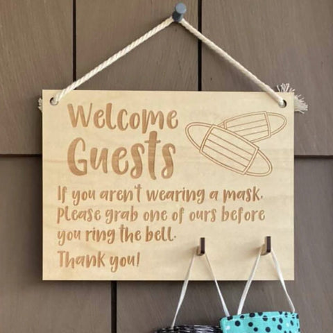 Welcome Guests Mask Holder Sign | Please wear a mask, mask hooks, welcome with mask hooks, welcome sign
