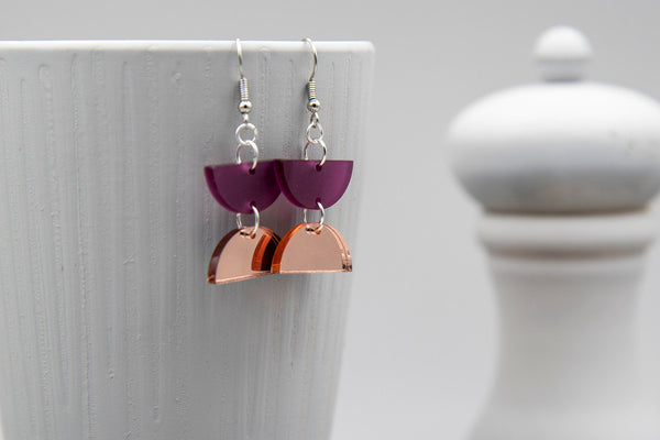 Dainty Dangles | Acrylic Earrings, Gifts for Her, Small Dangle Earrings, Rose Gold Mirror, Frosted Plum, Pink and Purple